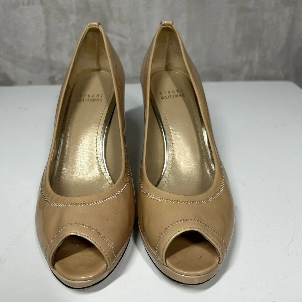 Stuart Weitzman Annabelle Adobe Aniline Pumps Size 8.5 Heels Patent Leather Nude